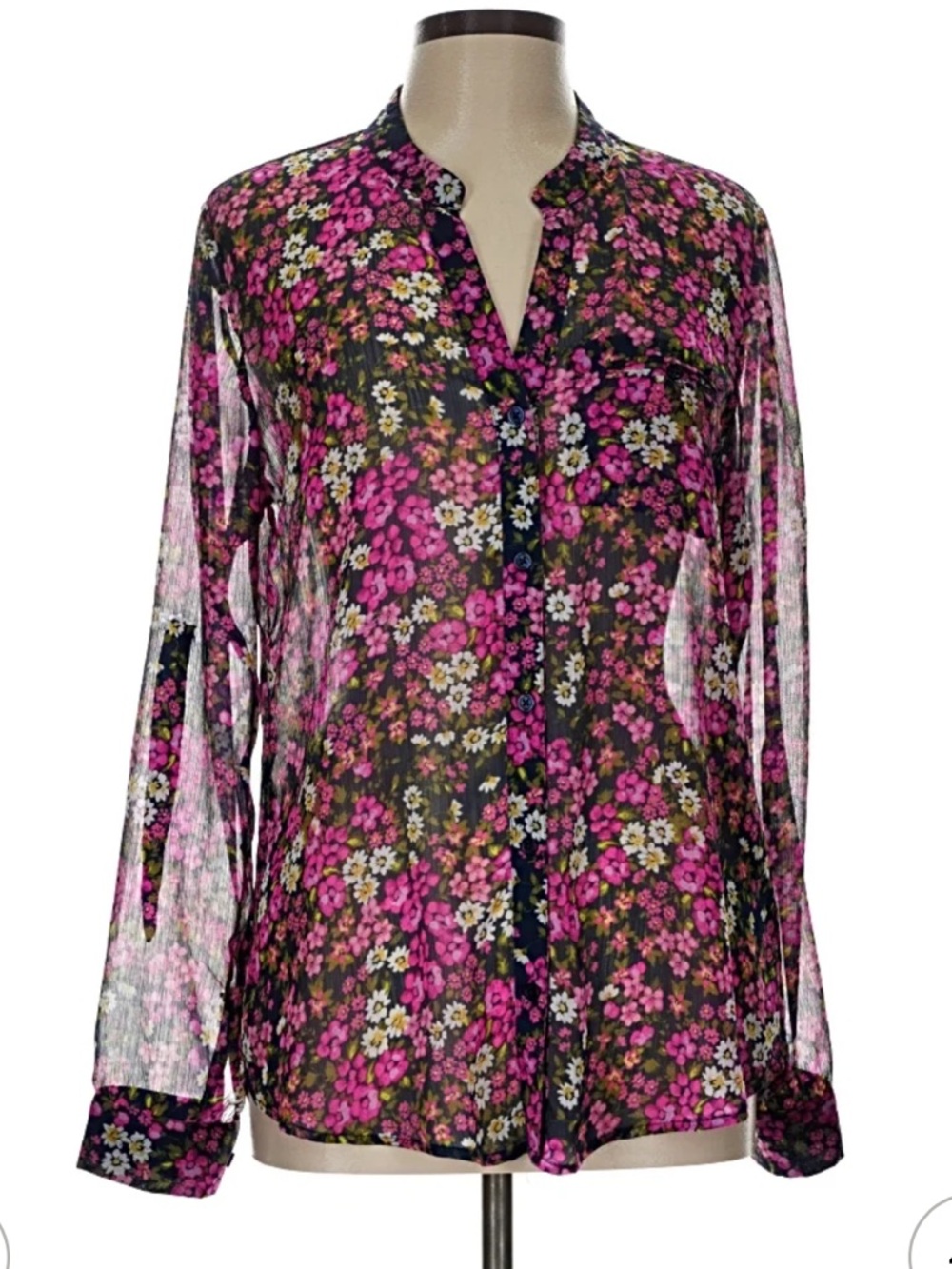 Kut from the Kloth Black Sheer Blouse with Pink & White Floral Print